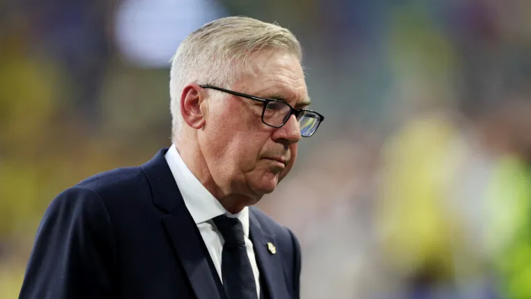 Soccer Football - FIFA World Cup 2026 - Group C - Scotland v Brazil - Miami Stadium, Miami Gardens, Florida, U.S. - June 24, 2026 Brazil coach Carlo Ancelotti leaves the pitch at half time REUTERS/Paul Childs