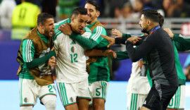 Soccer Football - FIFA World Cup 2026 - Group J - Jordan v Algeria - San Francisco Bay Area Stadium, Santa Clara, California, U.S. - June 22, 2026 Algeria's Nadhir Benbouali celebrates scoring their first goal with teammates REUTERS/Eloisa Lopez