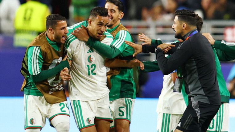 Soccer Football - FIFA World Cup 2026 - Group J - Jordan v Algeria - San Francisco Bay Area Stadium, Santa Clara, California, U.S. - June 22, 2026 Algeria's Nadhir Benbouali celebrates scoring their first goal with teammates REUTERS/Eloisa Lopez