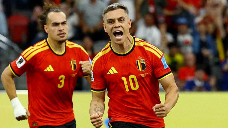 Soccer Football - FIFA World Cup 2026 - Group G - New Zealand v Belgium - BC Place, Vancouver, Canada - June 26, 2026 Belgium's Leandro Trossard celebrates scoring their first goal REUTERS/Albert Gea TPX IMAGES OF THE DAY