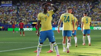 Soccer Football - FIFA World Cup 2026 - Group C - Brazil v Morocco - New York/New Jersey Stadium, East Rutherford, New Jersey, U.S. - June 13, 2026 Brazil's Vinicius Junior celebrates scoring their first goal IMAGN IMAGES via Reuters/Vincent Carchietta