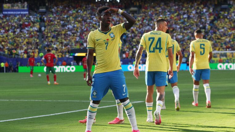 Soccer Football - FIFA World Cup 2026 - Group C - Brazil v Morocco - New York/New Jersey Stadium, East Rutherford, New Jersey, U.S. - June 13, 2026 Brazil's Vinicius Junior celebrates scoring their first goal IMAGN IMAGES via Reuters/Vincent Carchietta
