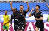 Soccer Football - FIFA World Cup 2026 - Round of 32 - South Africa v Canada - Los Angeles Stadium, Inglewood, California, U.S. - June 28, 2026 Canada's Stephen Eustaquio celebrates scoring their first goal with Richie Laryea and Niko Sigur and Luc de Fougerolles REUTERS/Matthew Childs
