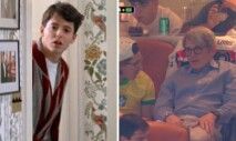 O ator Matthew Broderick assistindo o jogo do Brasil, e atrás dele uma camisa do São Paulo
