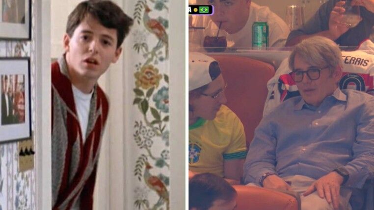 O ator Matthew Broderick assistindo o jogo do Brasil, e atrás dele uma camisa do São Paulo