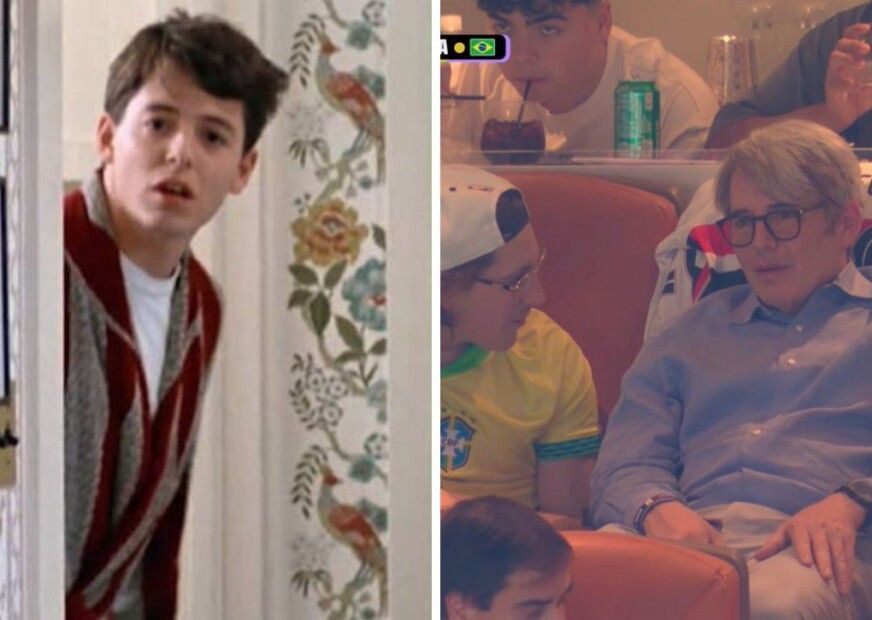 O ator Matthew Broderick assistindo o jogo do Brasil, e atrás dele uma camisa do São Paulo