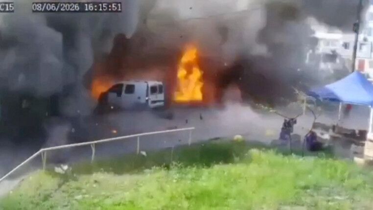An explosion at the site of a Russian drone strike, amid Russia's attack on Ukraine, in Zaporizhzhia, Ukraine, June 8, 2026, in this screengrab taken from a CCTV video. SOCIAL MEDIA/via REUTERS THIS IMAGE HAS BEEN SUPPLIED BY A THIRD PARTY. NO RESALES. NO ARCHIVES. OVERLAY FROM SOURCE. VERIFICATION: Reuters verified the location of the video from buildings, street signs and road layout that matched archive and satellite imagery. The footage also matches videos from Reuter’s on-site reporting. The date of the video was verified from the CCTV screen date and no older versions of the video were found online before June 8.