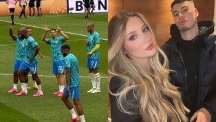 Gabriel Martinelli em story de Isabella Rousso; à direita, selfie do casal