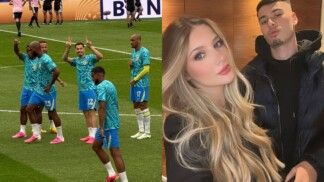 Gabriel Martinelli em story de Isabella Rousso; à direita, selfie do casal