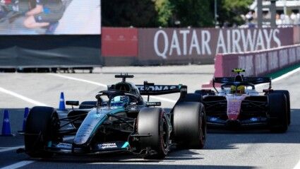 Formula One F1 - Barcelona-Catalunya Grand Prix - Circuit de Barcelona-Catalunya, Barcelona, Spain - June 13, 2026 Mercedes' George Russell leads Ferrari's Lewis Hamilton during qualifying REUTERS/Manaure Quintero
