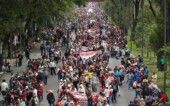 Dissident teachers from Mexico's National Coordination of Education Workers (CNTE) march toward Ciudad de Mexico Stadium during a protest ahead of the 2026 FIFA World Cup in Mexico City, Mexico, June 9, 2026. REUTERS/Luis Cortes