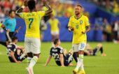 Soccer Football - FIFA World Cup 2026 - Group C - Scotland v Brazil - Miami Stadium, Miami Gardens, Florida, U.S. - June 24, 2026 Brazil's Neymar Jr. celebrates after the match with Vinicius Junior IMAGN IMAGES via Reuters/Sam Navarro TPX IMAGES OF THE DAY