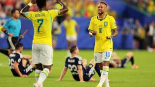 Soccer Football - FIFA World Cup 2026 - Group C - Scotland v Brazil - Miami Stadium, Miami Gardens, Florida, U.S. - June 24, 2026 Brazil's Neymar Jr. celebrates after the match with Vinicius Junior IMAGN IMAGES via Reuters/Sam Navarro TPX IMAGES OF THE DAY
