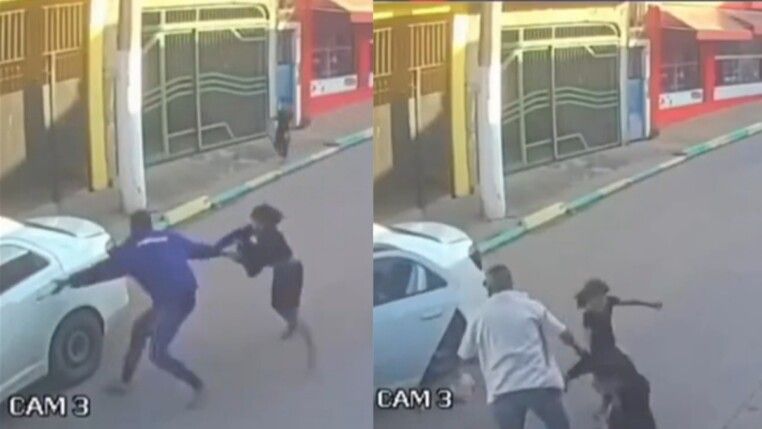 À esquerda, homem tenta levar criança à força; à direita, vizinho impede o crime