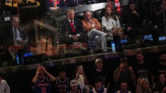 U.S. President Donald Trump and James Dolan attend Game 3 of the NBA playoffs at Madison Square Garden in New York City, New York, U.S., June 8, 2026. REUTERS/Nathan Howard