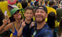 Bianca Andrade e Fred Bruno levam o filho Cris a jogo do Brasil na Copa do Mundo