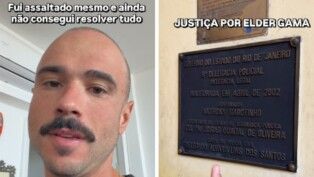 Ed Gama em foto dizendo que foi assaltado e outra da placa da delegacia