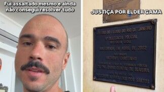 Ed Gama em foto dizendo que foi assaltado e outra da placa da delegacia