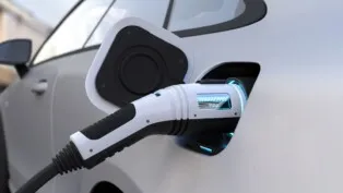 The electric car is fully charged with a battery, Charging technology, Clean energy filling technology. 3D illustration