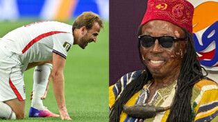 O jogador inglês Harry Kane e o feiticeiro ganês Nana Kwaku Bonsam