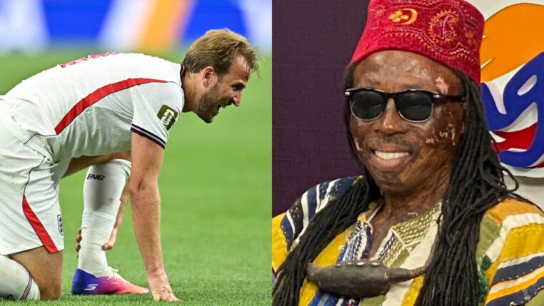 O jogador inglês Harry Kane e o feiticeiro ganês Nana Kwaku Bonsam