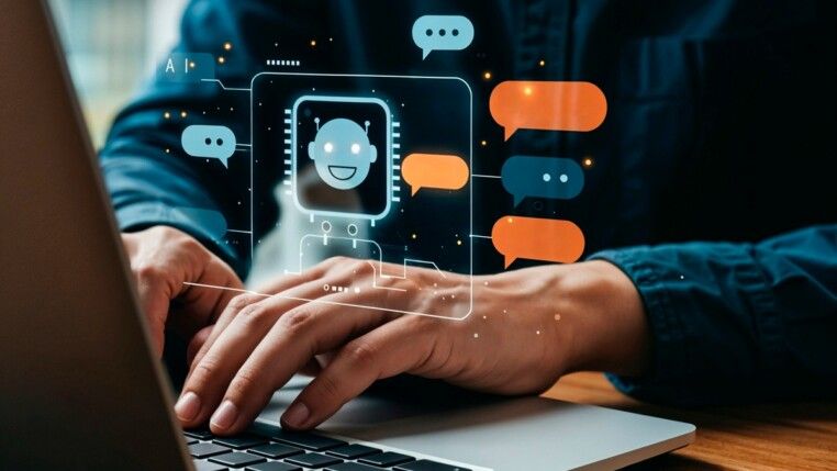 Homem usando laptop com interface de chatbot