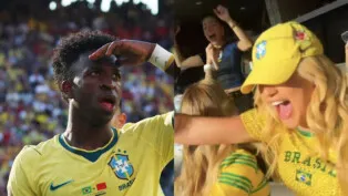 Vini Jr observa camarote onde está Virgínia Fonseca após marcar gol contra Marrocos