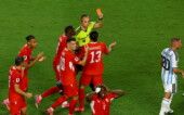 Soccer Football - FIFA World Cup 2026 - Quarter Final - Argentina v Switzerland - Kansas City Stadium, Kansas City, Missouri, U.S. - July 11, 2026 Switzerland's Breel Embolo is shown a red card by referee Joao Pinheiro after a VAR review REUTERS/Albert Gea