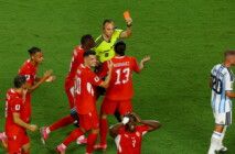 Soccer Football - FIFA World Cup 2026 - Quarter Final - Argentina v Switzerland - Kansas City Stadium, Kansas City, Missouri, U.S. - July 11, 2026 Switzerland's Breel Embolo is shown a red card by referee Joao Pinheiro after a VAR review REUTERS/Albert Gea