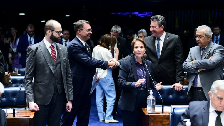 Plenário do Senado Federal durante sessão deliberativa ordinária. Ordem do dia. Na pauta, deliberação de autoridades sabatinadas pelas comissões permanentes. Senadora Tereza Cristina (PP-MS) conversa com senador Flávio Bolsonaro (PL-RJ).