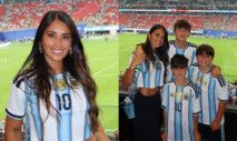 Antonela Roccuzzo, esposa de Lionel Messi, e os filhos Thiago, Mateo e Ciro