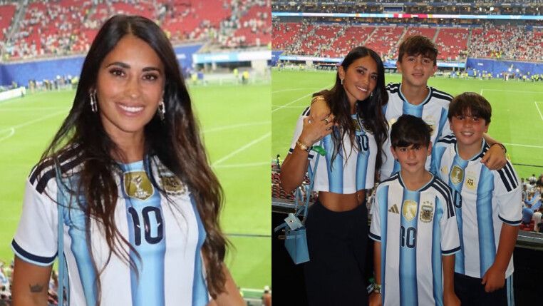 Antonela Roccuzzo, esposa de Lionel Messi, e os filhos Thiago, Mateo e Ciro