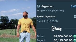 Montagem com foto do Drake e a aposta que ele fez na Argentina)