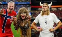 Erling Haaland e Tigresa do Oriente em imagem gerada por IA; à direita, Haaland com chapéu viking