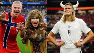 Erling Haaland e Tigresa do Oriente em imagem gerada por IA; à direita, Haaland com chapéu viking