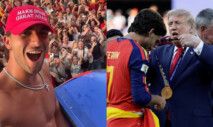 Ferrán Torres com bonpe "Make Spain Great Again"; à direita, jogador recebe medalha de campeão mundial de Donald Trump