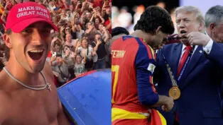 Ferrán Torres com bonpe "Make Spain Great Again"; à direita, jogador recebe medalha de campeão mundial de Donald Trump