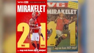 Capa de 2026 e capa de 1998 do tabloide norueguês VG