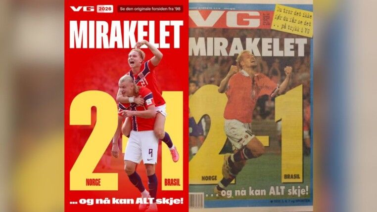Capa de 2026 e capa de 1998 do tabloide norueguês VG