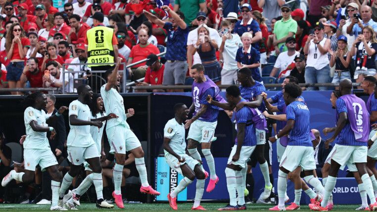 Soccer Football - FIFA World Cup 2026 - Quarter Final - France v Morocco - Boston Stadium, Foxborough, Massachusetts, U.S. - July 9, 2026 France's Ousmane Dembele celebrates scoring their second goal with teammates REUTERS/Winslow Townson
