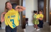 Gabrielle Figueiredo, esposa de Gabriel Magalhães, exibe seu look e o da filha, Maya, para jogo contra Noruega