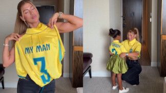 Gabrielle Figueiredo, esposa de Gabriel Magalhães, exibe seu look e o da filha, Maya, para jogo contra Noruega
