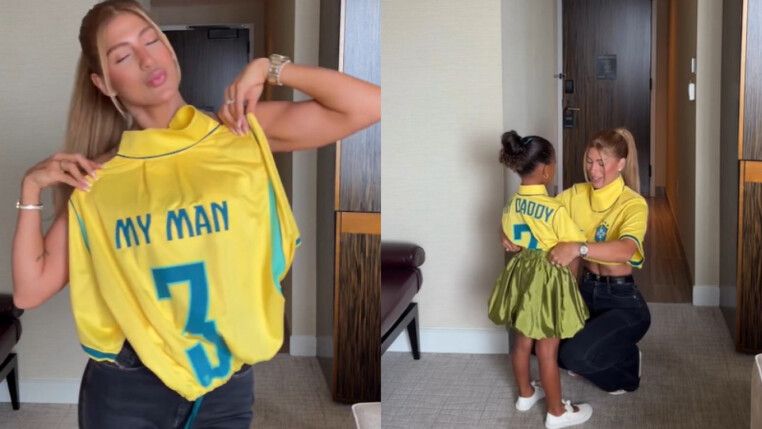 Gabrielle Figueiredo, esposa de Gabriel Magalhães, exibe seu look e o da filha, Maya, para jogo contra Noruega