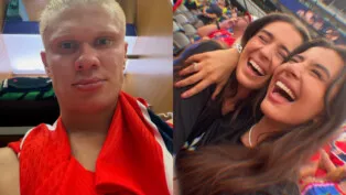 Erling Haaland no vestiário após Brasil 1 x 2 Noruega; à direita, esposa do atacante comemora vitória