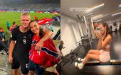 Erling Haaland e a esposa, Isabel Haugseng Johansen; à direita, Isabel na academia