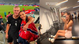 Erling Haaland e a esposa, Isabel Haugseng Johansen; à direita, Isabel na academia