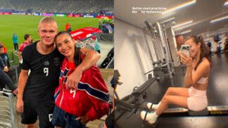 Erling Haaland e a esposa, Isabel Haugseng Johansen; à direita, Isabel na academia