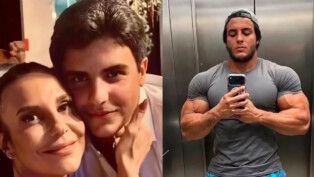 Marcelo Sangalo com a mãe, Ivete Sangalo, e em imagem editada com músculos