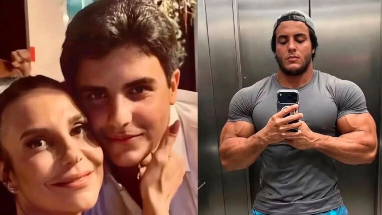 Marcelo Sangalo com a mãe, Ivete Sangalo, e em imagem editada com músculos