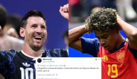 Lionel Messi e Lamine Yamal; ao centro, o tweet premonitório
